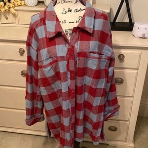 Free People Red and Blue Plaid Utility Jacket